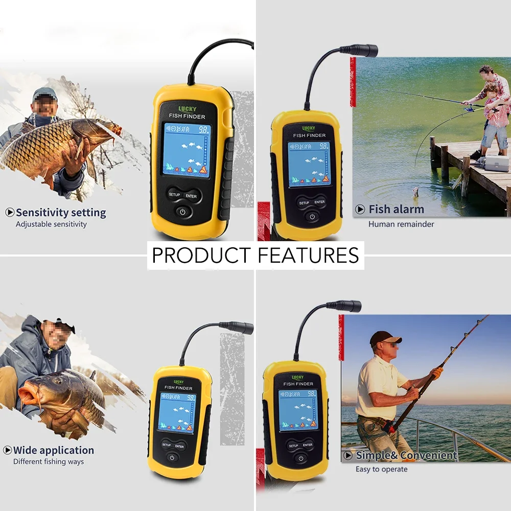 ラッキー液晶カラースクリーンポータブル有線魚群探知機 100 - Fishing Depth Finder のレビューと価格